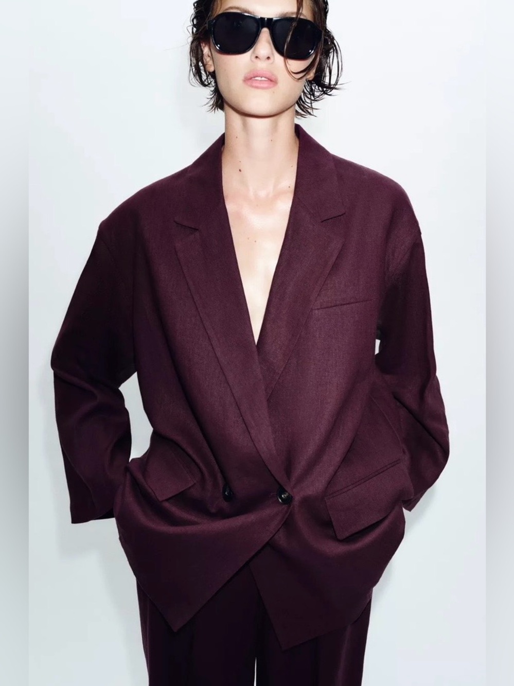 Zara NWT Burgundy Linen Blend Double Breasted Oversized Tailored Blazer Jacket